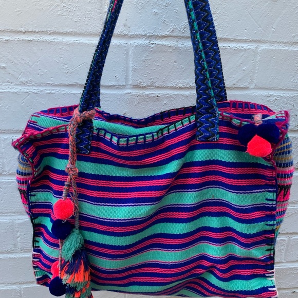 Bags Pom Pom Tassel Tote Bag Cobalt Hot Pink Striped Tote Bag Large Boho Tote Poshmark